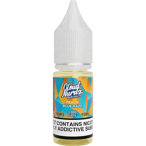 cloud nurdz bar juice 10ml peach blue razz nic salts 10mg bottle on a clear background