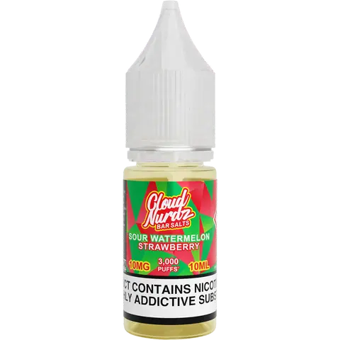 cloud nurdz bar juice 10ml sour watermelon strawberry nic salts 10mg bottle on a clear background