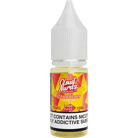 cloud nurdz bar juice 10ml strawberry lemon nic salts 10mg bottle on a clear background