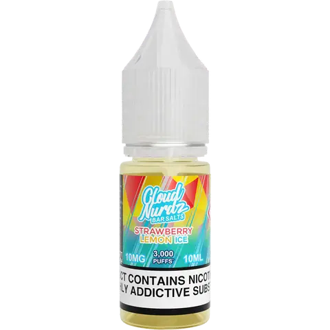 cloud nurdz bar juice 10ml strawberry lemon ice nic salts 10mg bottle on a clear background