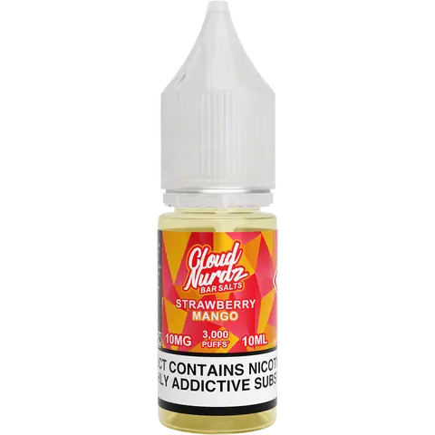 cloud nurdz bar juice 10ml strawberry mango nic salts 10mg bottle on a clear background