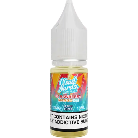 cloud nurdz bar juice 10ml strawberry mango ice nic salts 10mg bottle on a clear background