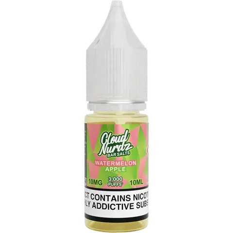 cloud nurdz bar juice 10ml watermelon apple nic salts 10mg bottle on a clear background