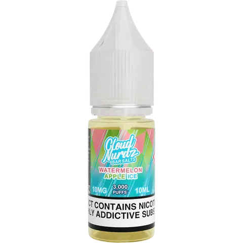 cloud nurdz bar juice 10ml watermelon apple ice nic salts 10mg bottle on a clear background