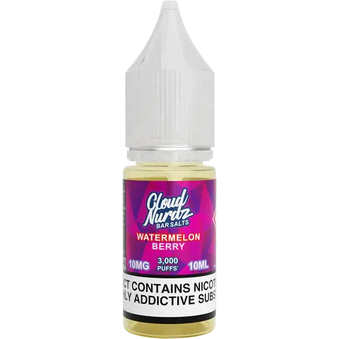 cloud nurdz bar juice 10ml watermelon berry nic salts 10mg bottle on a clear background