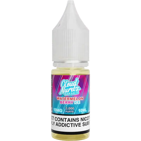 cloud nurdz bar juice 10ml watermelon berry ice nic salts 10mg bottle on a clear background