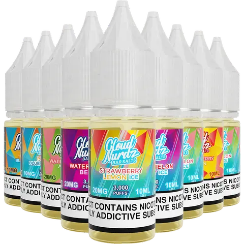 cloud nurdz bar juice 10ml nic salts bottles on a clear background