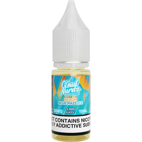 cloud nurdz bar juice 10ml peach blue razz ice nic salts 20mg bottle on a clear background