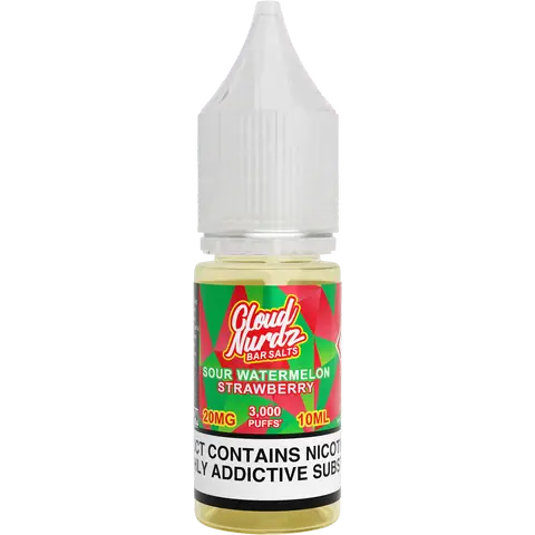 cloud nurdz bar juice 10ml sour watermelon strawberry nic salts 20mg bottle on a clear background