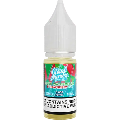 cloud nurdz bar juice 10ml sour watermelon strawberry ice nic salts 20mg bottle on a clear background