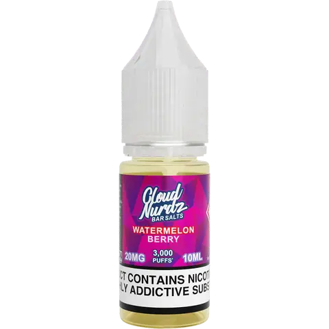 cloud nurdz bar juice 10ml watermelon berry nic salts 20mg bottle on a clear background