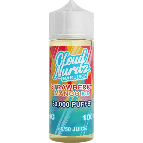 cloud nurdz bar juice 50/50 100ml strawberry mango ice vape juice bottle on a clear background