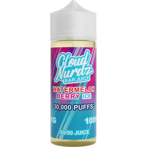 cloud nurdz bar juice 50/50 100ml watermelon berry ice vape juice bottle on a clear background