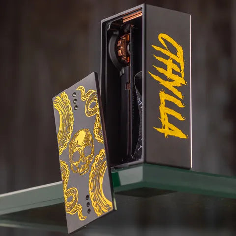 Deathwish Mech Mod Cthylla Bold Gold & Black With Door Open