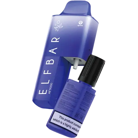 elf bar af5000 disposable vape kit with bottle of 10ml mad blue on white background