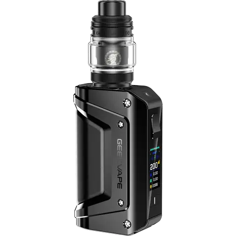 geekvape aegis legend 3 black vape kit on clear background