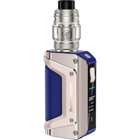 geekvape aegis legend 3 golden blue vape kit on clear background