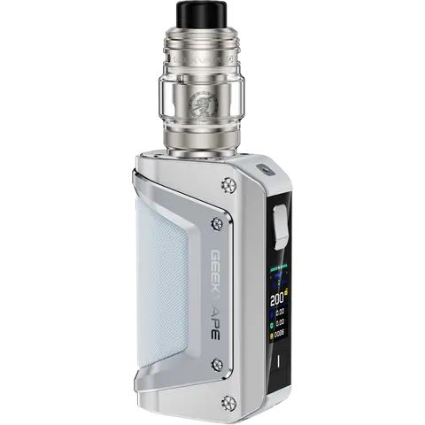 geekvape aegis legend 3 silver vape kit on clear background