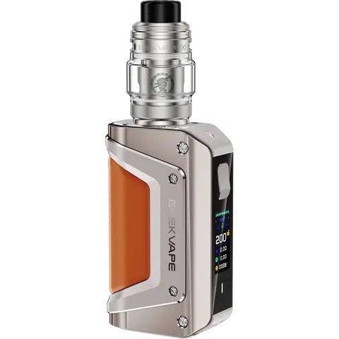 geekvape aegis legend 3 titanium gray vape kit on clear background