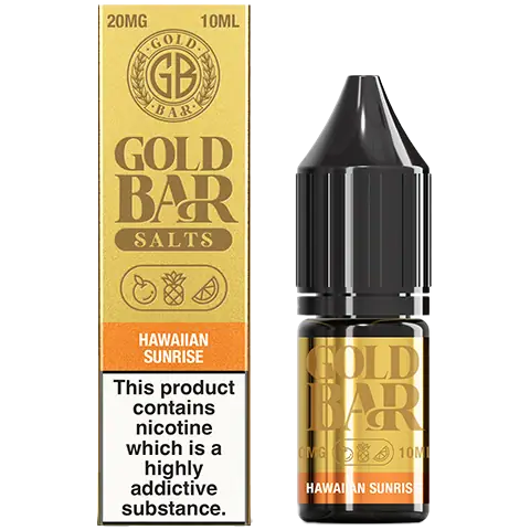 gold bar nic salts bottle and box of Hawaiian sunrise 20mg on a clear background