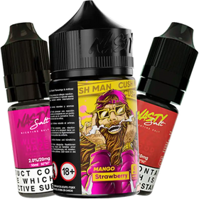Three Nasty Salt e-liquid bottles, one labeled Mango Strawberry with 18+ age restriction.