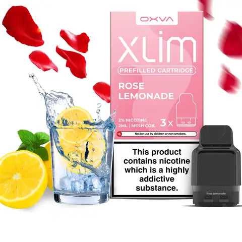 Oxva Xlim Prefilled Rose Lemonade Pod Cartridge on a white background.Oxva Xlim Prefilled Strawberry Raspberry Cherry Pod Cartridge on a white background.