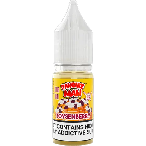 pancake man 10ml boysen berry nic salts 10mg bottle on a clear background