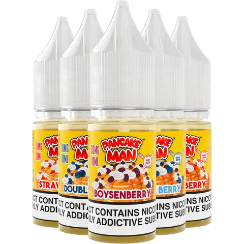 pancake man 10ml nic salts bottles on a clear background