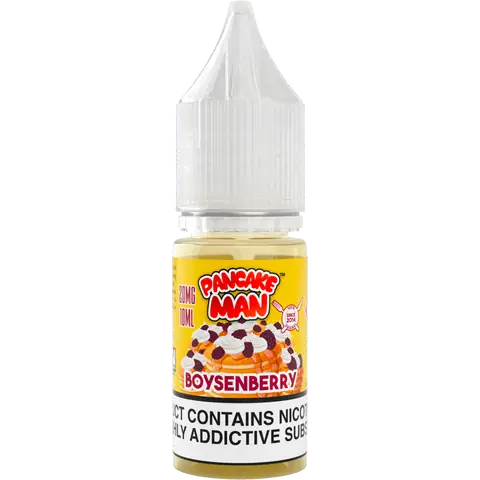 pancake man 10ml boysen berry nic salts 20mg bottle on a clear background