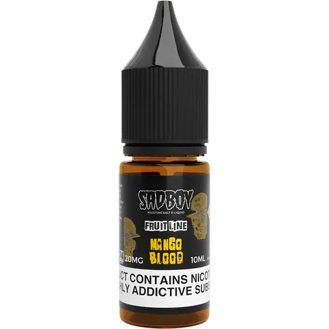 sadboy 10ml mango blood nic salts 20mg bottle on a clear background