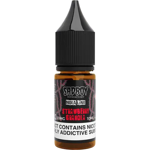 sadboy 10ml strawberry granola nic salts 10mg bottle on a clear background