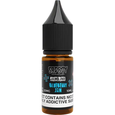 sadboy 10ml blueberry jam nic salts 20mg bottle on a clear background