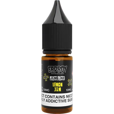 sadboy 10ml lemon jam nic salts 10mg bottle on a clear background