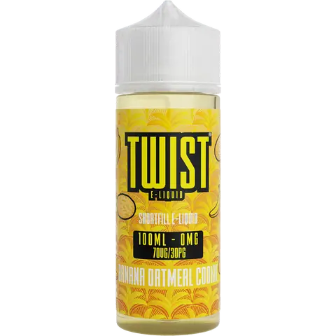 twist 100ml banana oatmeal vape juice bottle on a clear background