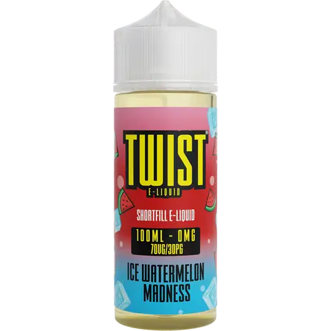 twist 100ml ice watermelon madness vape juice bottle on a clear background