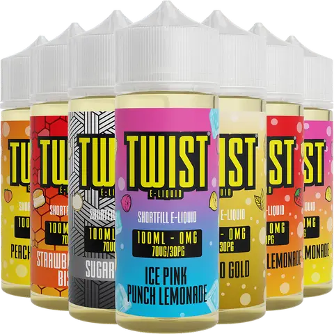 twist 100ml vape juice bottles on a clear background