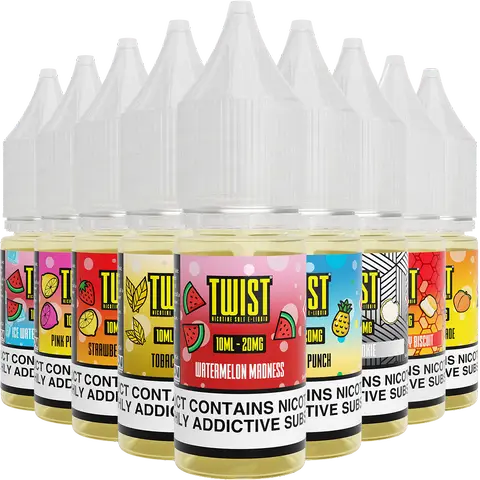 twist 10ml nic salts bottles on a clear background