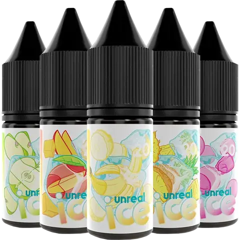 unreal ice 10ml nic salt bottles of vape juice on a clear background