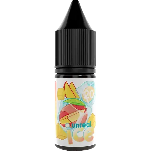 unreal ice 10ml nic salt bottle mango ice of vape juice on a clear background