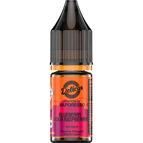 Blueberry Sour Raspberry 20mg - A 20mg bottle of Vaporesso Deliciu V2 Nic Salt in Blueberry Sour Raspberry flavour, displayed on a clear background.