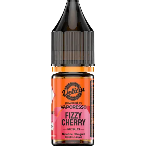 Fizzy Cherry 10mg - A 10mg bottle of Vaporesso Deliciu V2 Nic Salt in Fizzy Cherry flavour, displayed on a clear background.