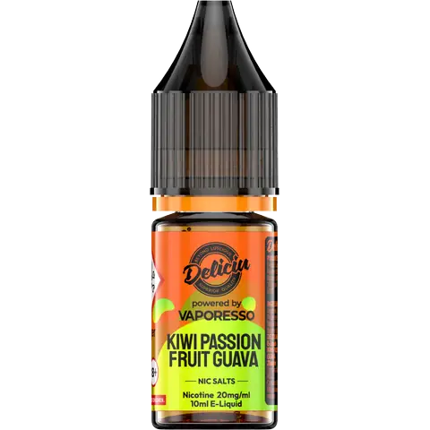 Kiwi Passion Fruit Guava 20mg - A 20mg bottle of Vaporesso Deliciu V2 Nic Salt in Kiwi Passion Fruit Guava flavour, displayed on a clear background.