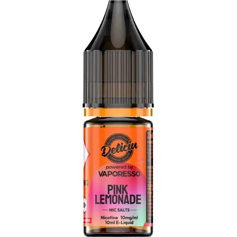 Pink Lemonade 10mg - A 10mg bottle of Vaporesso Deliciu V2 Nic Salt in Pink Lemonade flavour, displayed on a clear background.