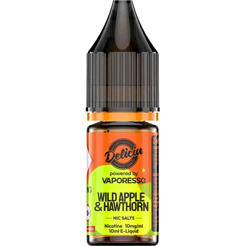 Wild Apple & Hawthorn 10mg - A 10mg bottle of Vaporesso Deliciu V2 Nic Salt in Wild Apple & Hawthorn flavour, displayed on a clear background.