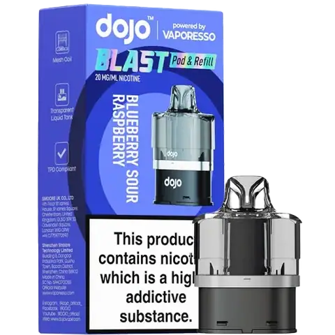 vaporesso dojo blast 6000 replacement pod flavour blueberry sour raspberry on clear background