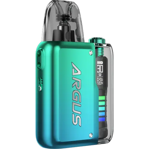 voopoo argus p2 neon blue vape pod on clear background