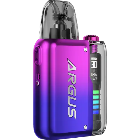 voopoo argus p2 violet purple vape pod on clear background