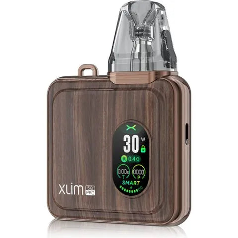 Xlim SQ Pro Bronze Wood Vape Pod By OXVA On A White Background