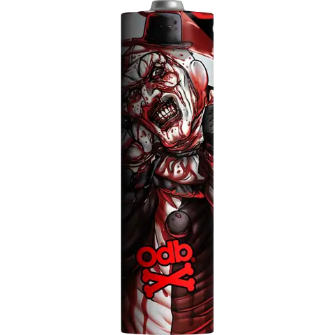 Exclusive Art the Clown 18650 battery wraps from ODB & Vaping 101, featuring a detailed design of Art the Clown from Terrifier 2, packaged in a unique bespoke bag.