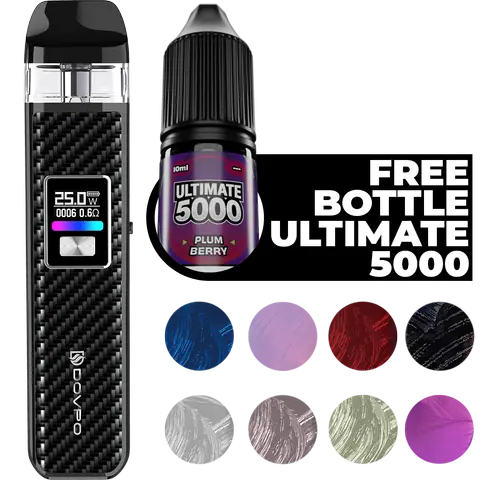 dovpo ayce pro pod with free bottle vape juice promo on clear background